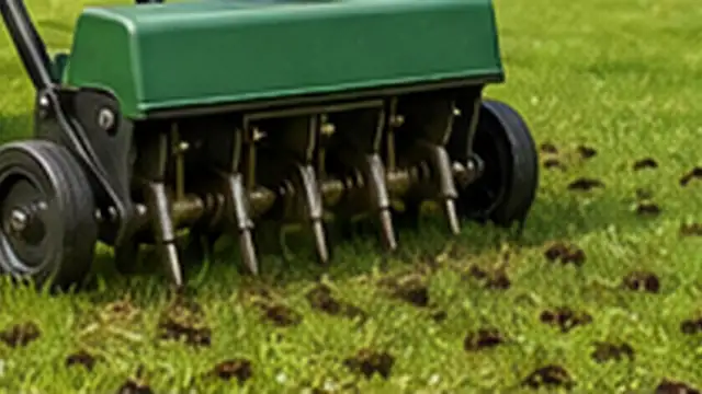 Homeowner gently raking dry soil cores so they crumble back into an aerated lawn.