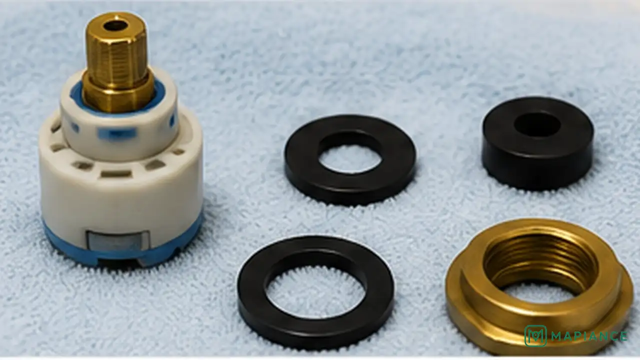 Homeowner inspecting a faucet cartridge, washer, and O-ring to identify which worn part is causing the leak.