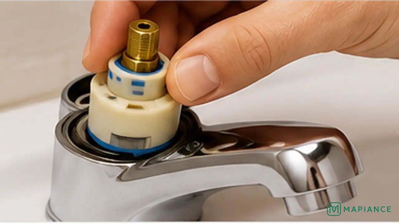 Homeowner installing a matching replacement cartridge and seal inside a leaky faucet.