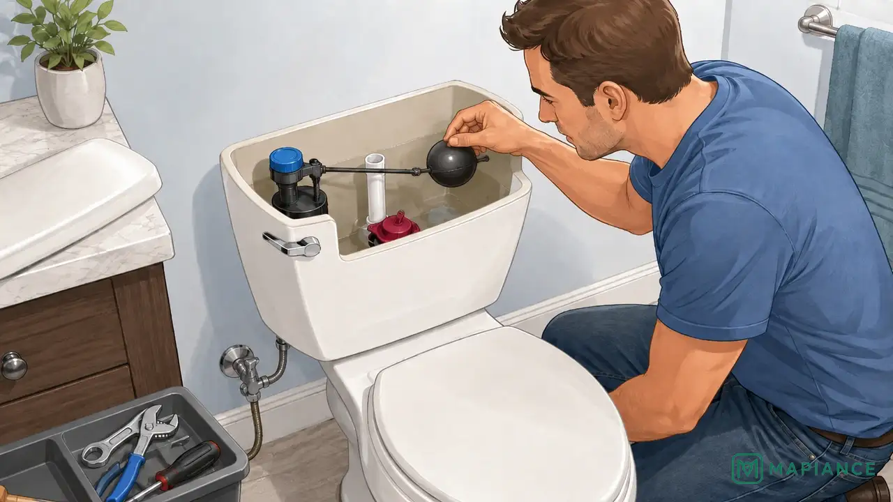 Homeowner lowering the toilet tank float so the water stops below the overflow tube.