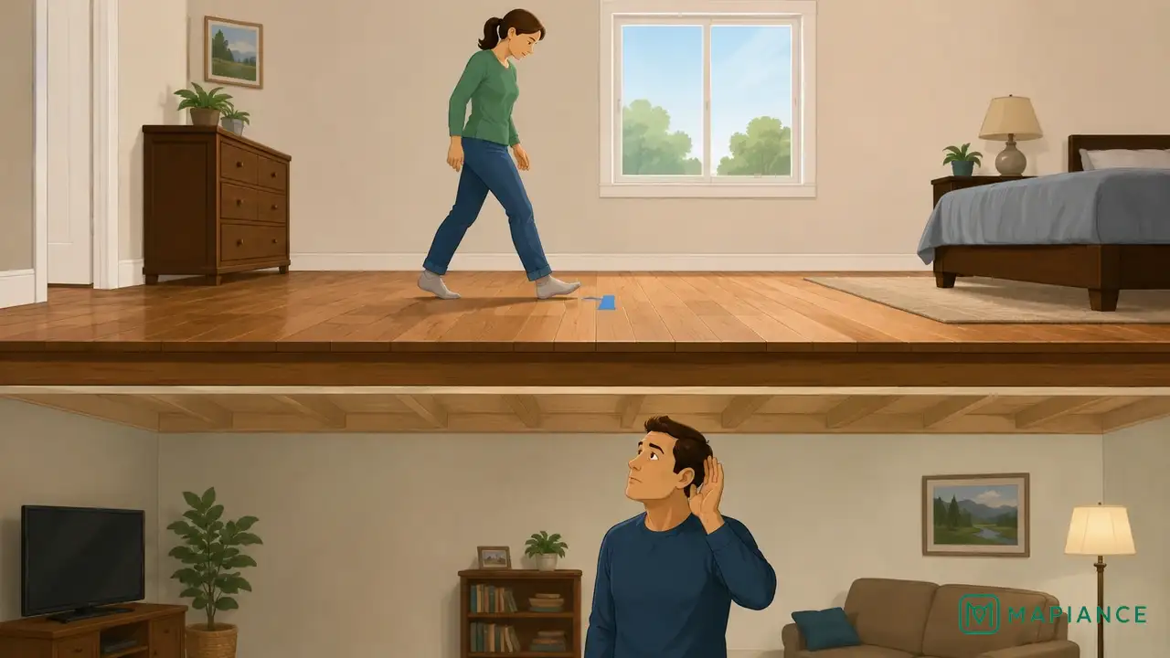 Homeowner marking the exact squeaky spot on a floor while another person listens from below.