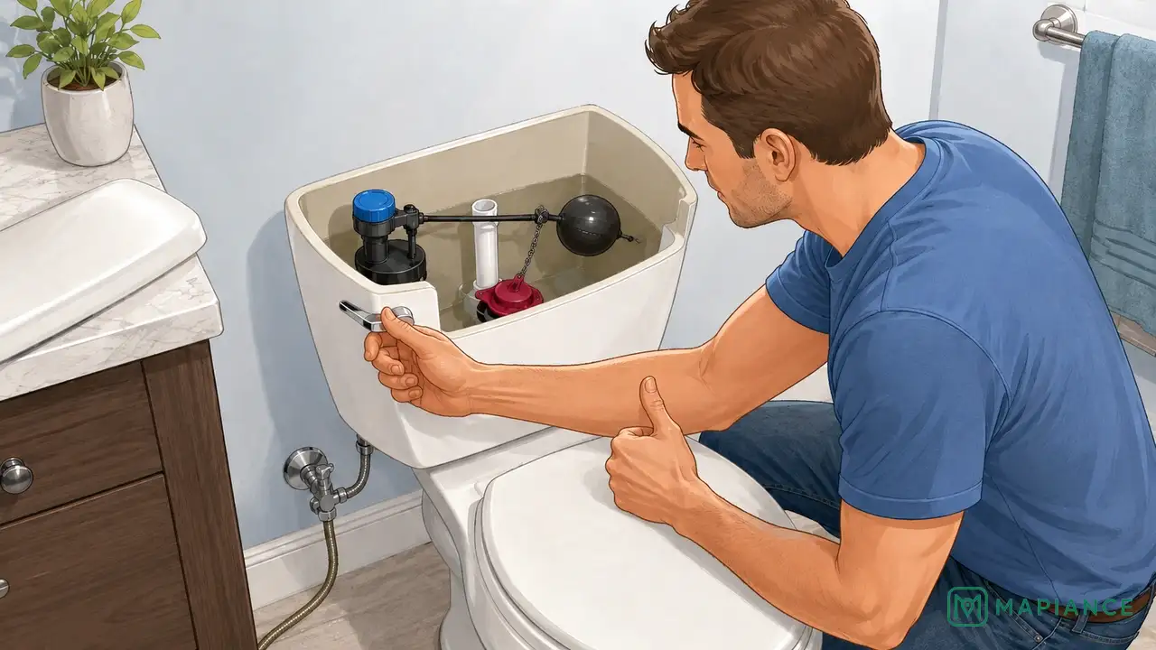 Homeowner performing a final flush test after repairing a running toilet and checking the tank water level.
