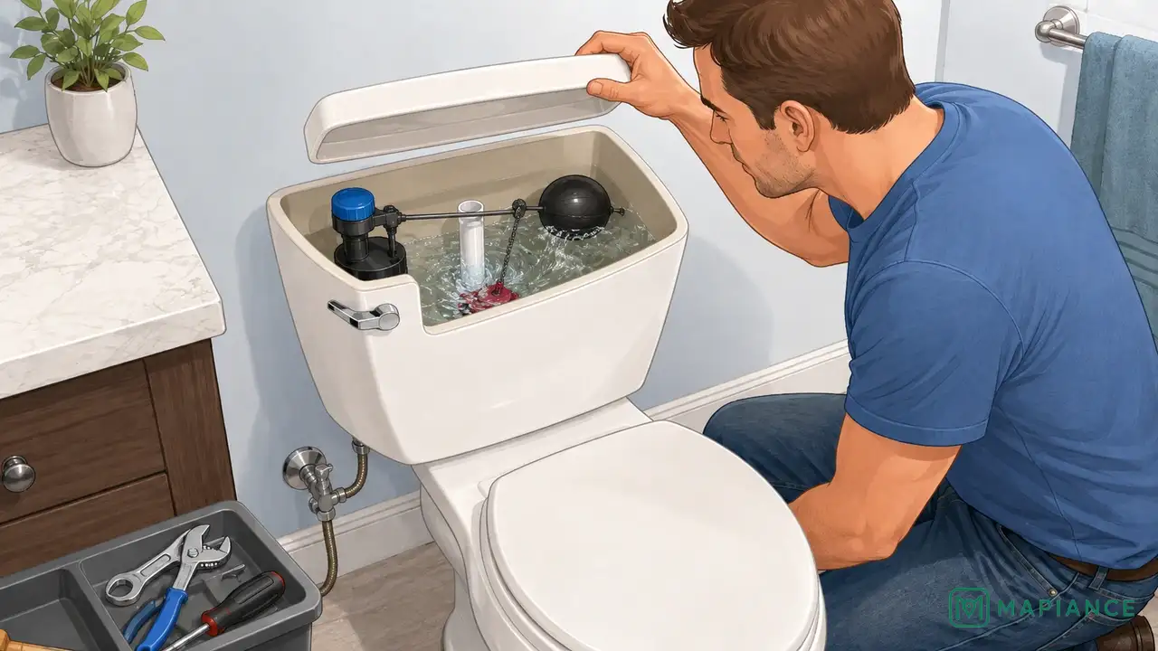 Homeowner removing the toilet tank lid and watching the internal parts during a flush.