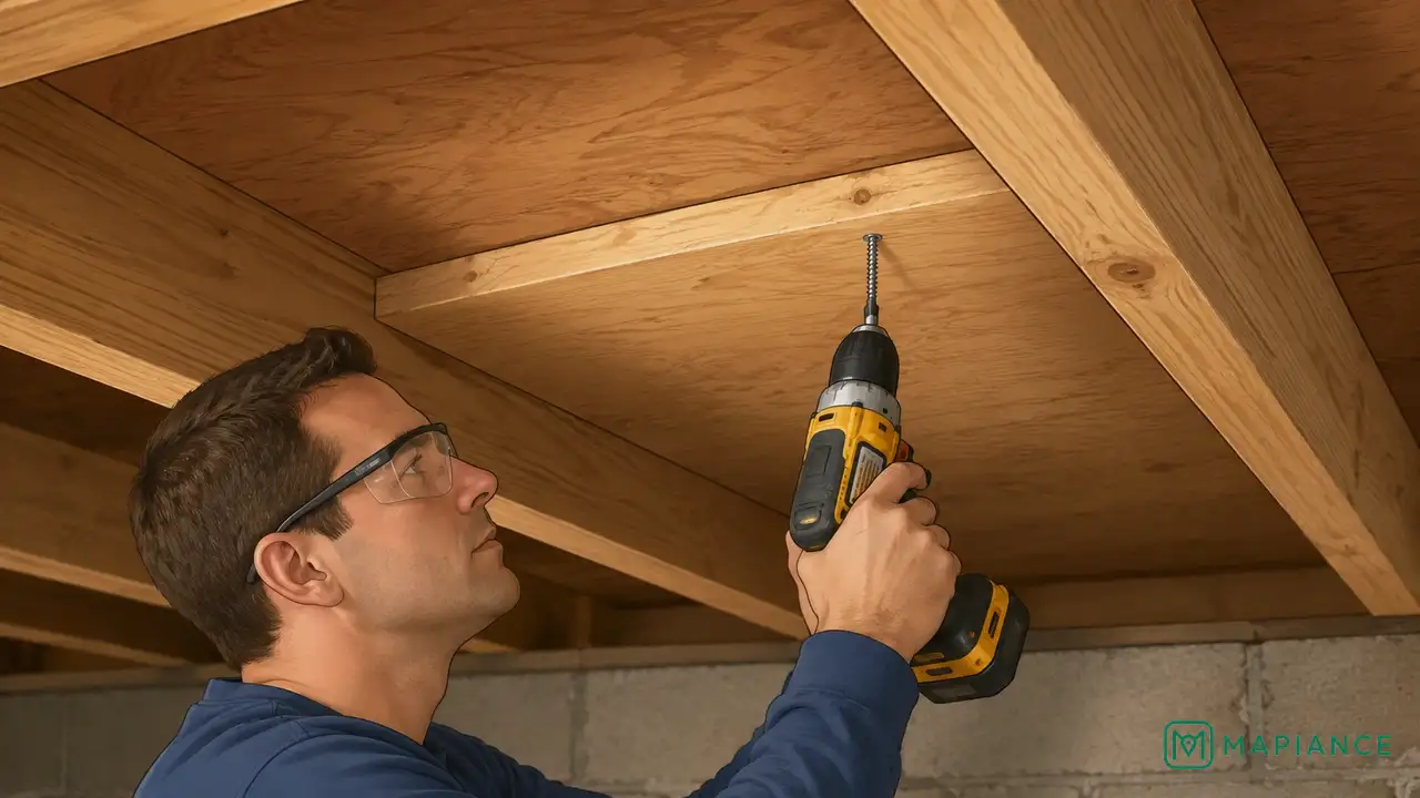 Homeowner securing a loose subfloor to a floor joist from below with a correctly sized wood screw.