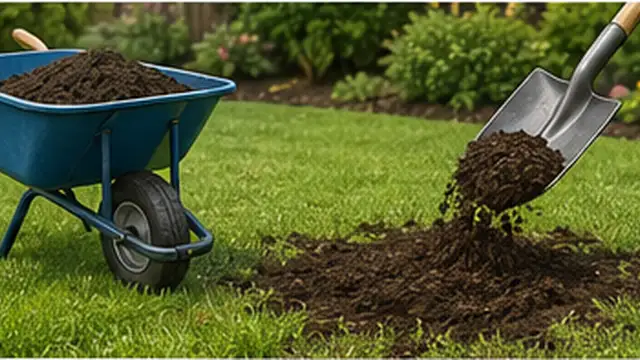 Homeowner spreading a thin layer of compost over an aerated lawn without covering the grass.