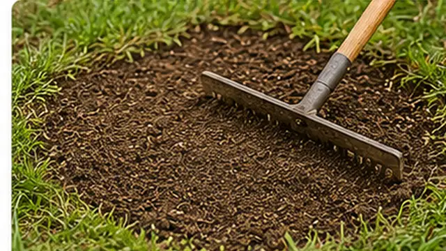 Homeowner spreading and leveling a thin layer of topsoil over a prepared bare lawn patch.