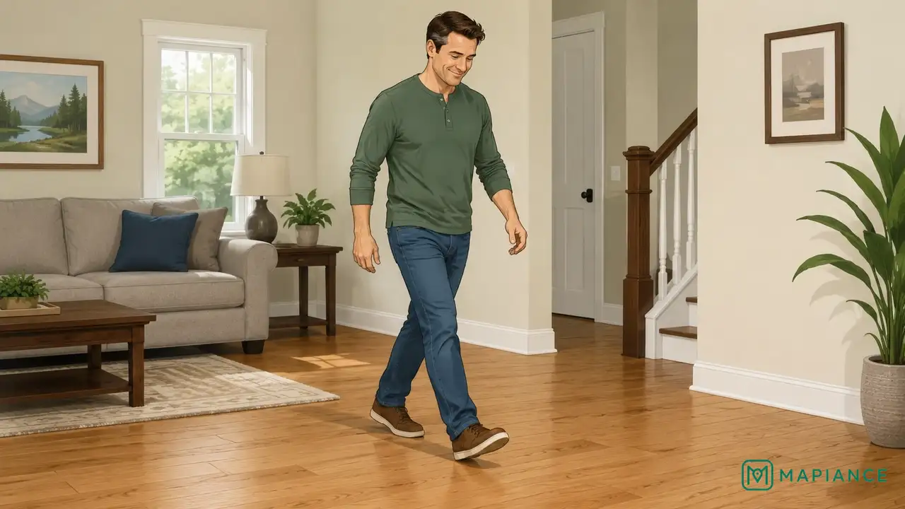 Homeowner testing the repaired floor by walking over the area and checking that the squeak is gone.