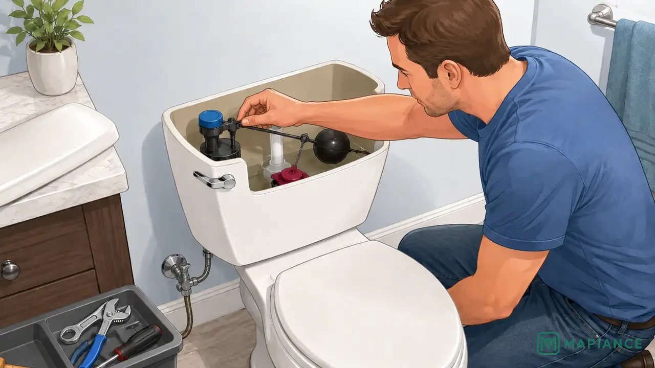 Homeowner testing the toilet fill valve by lifting the float to see whether the water stops.