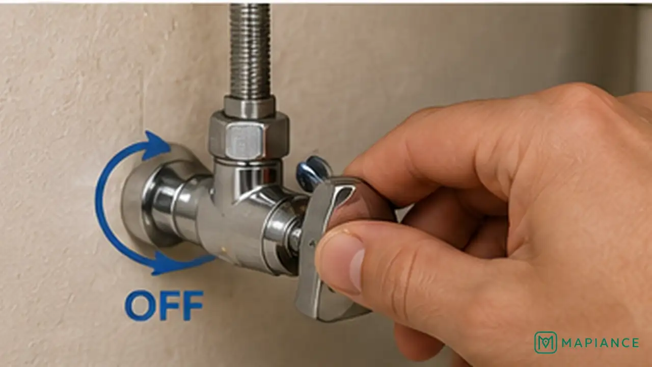 Homeowner turning off the hot and cold water shutoff valves under a sink before repairing a leaky faucet.
