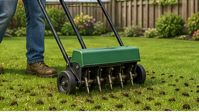 Homeowner using a core aerator that leaves small soil plugs across the lawn.