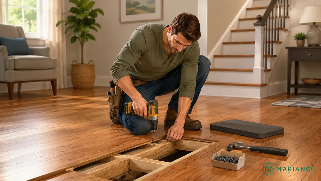 Homeowner using a floor-specific repair screw from above after accurately locating the joist.