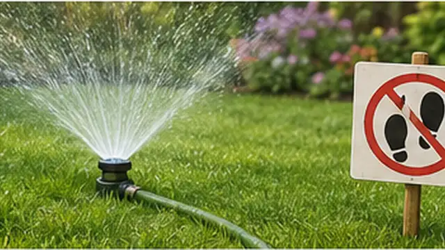 Homeowner using a simple path to keep heavy foot traffic off a healthy lawn.