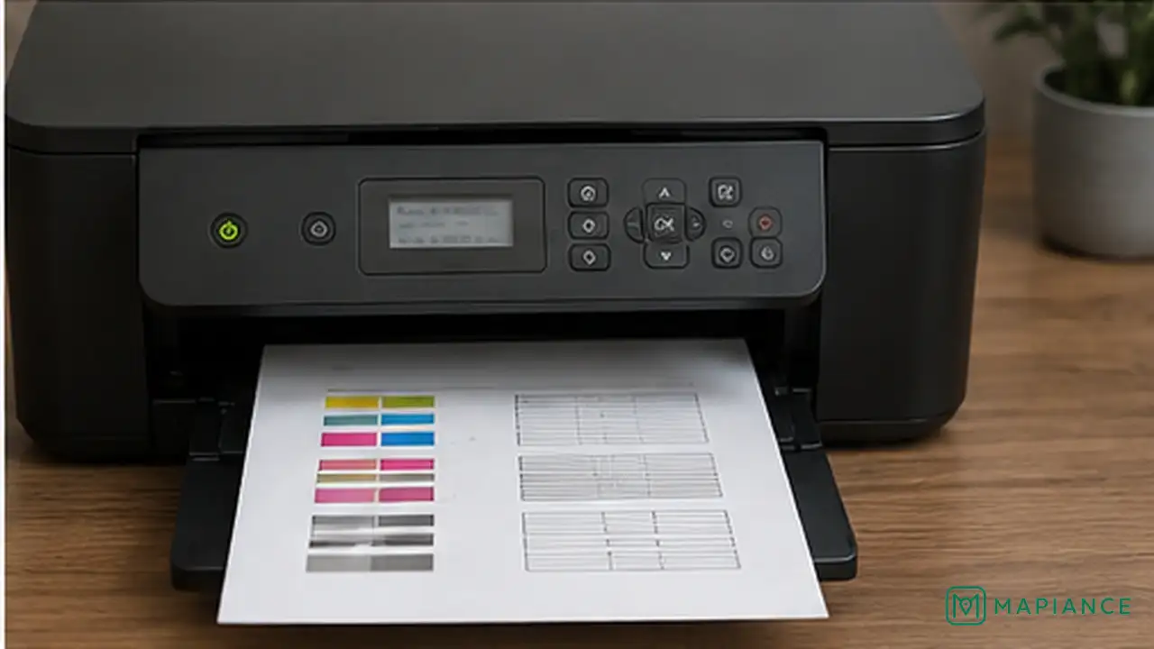 Inkjet printer running a printhead cleaning cycle and printing a nozzle check page.