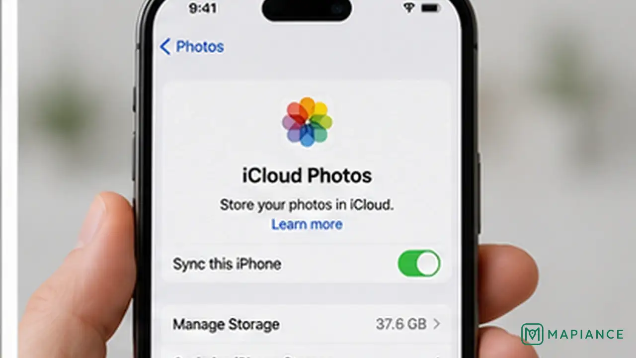 iPhone using optimized photo storage with full-resolution photos kept in iCloud and smaller versions on the device.