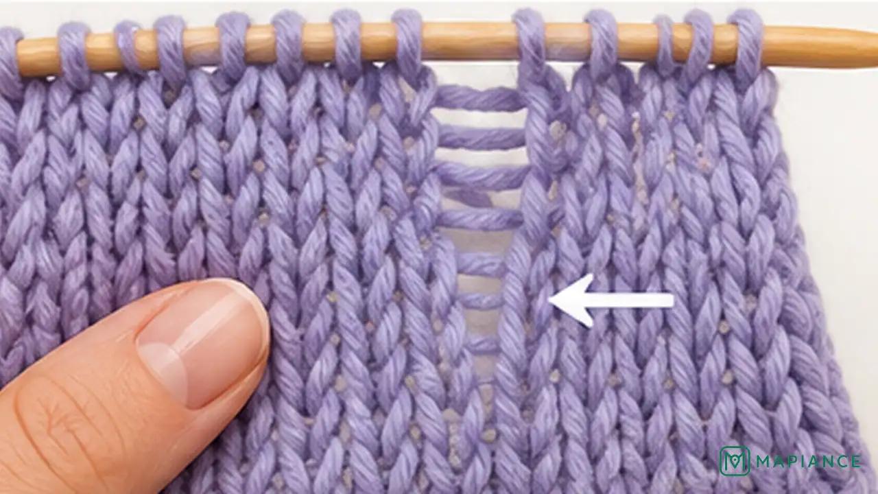 Knitter identifying the horizontal ladder strands above a dropped stitch in knitted fabric.