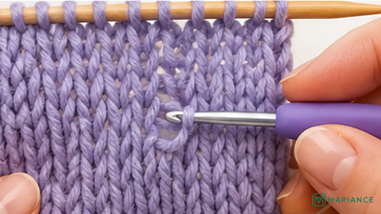 Knitter inserting a crochet hook through the live dropped stitch loop from front to back.