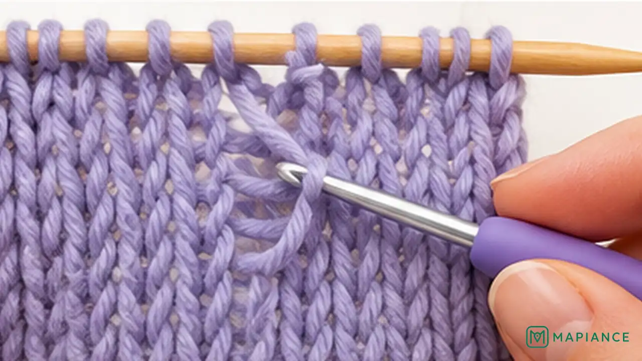 Knitter pulling the lowest ladder strand through a dropped stitch loop with a crochet hook.