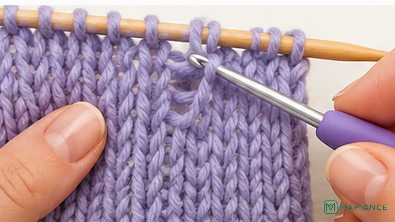 Knitter rebuilding a dropped stitch column upward one ladder strand at a time with a crochet hook.