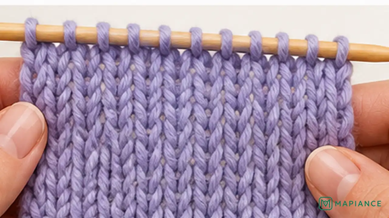Knitter returning the repaired stitch to the knitting needle in the correct orientation.