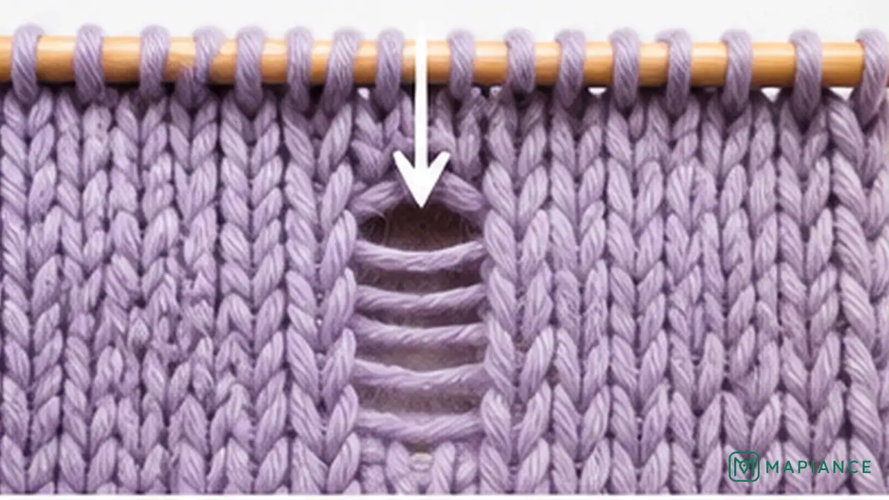 Knitter securing a dropped stitch loop with a stitch marker before it unravels farther.
