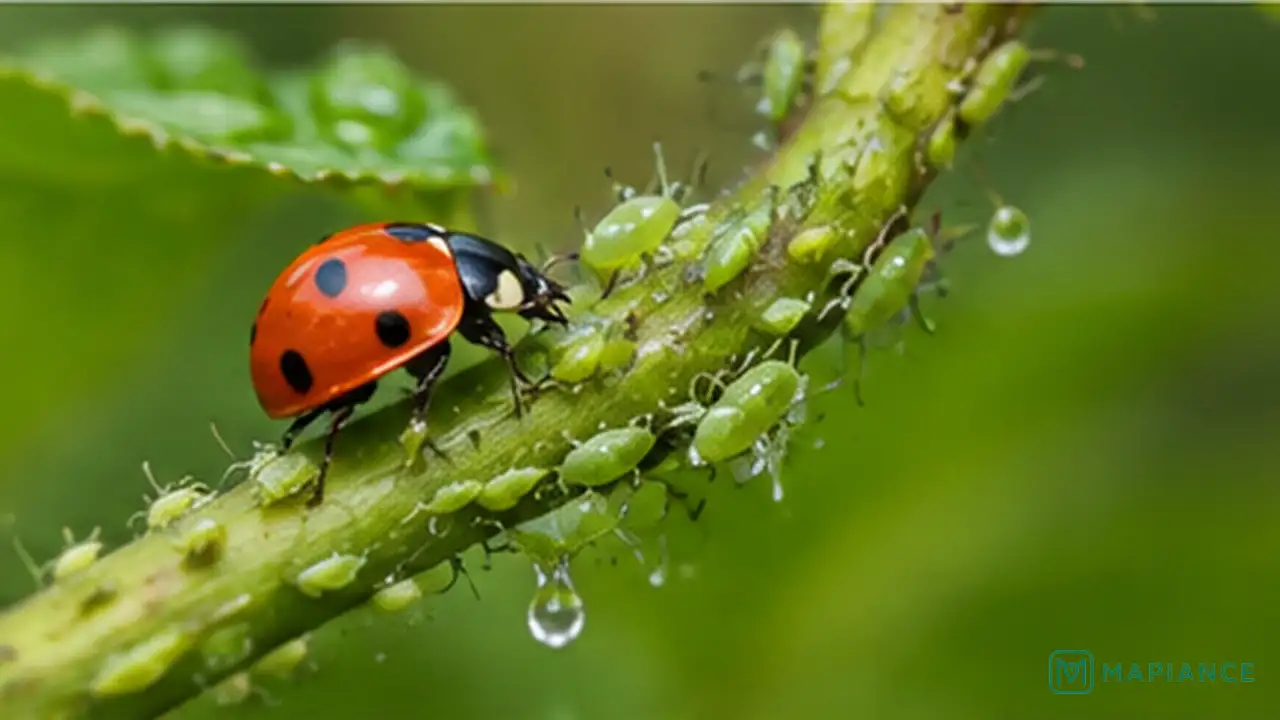 Lady beetle feeding beside an aphid colony on a green plant stem.