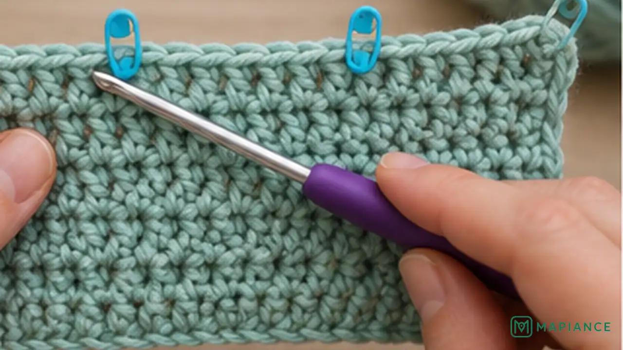 Locking stitch markers placed in the first and last real stitches of a crochet row.