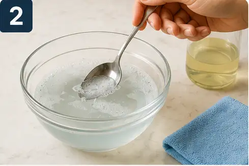 Mild dish soap being mixed with warm water in a small bowl for cleaning kitchen cabinets.