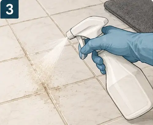 Mild soapy water being applied to dirty grout lines with a soft sponge before scrubbing.