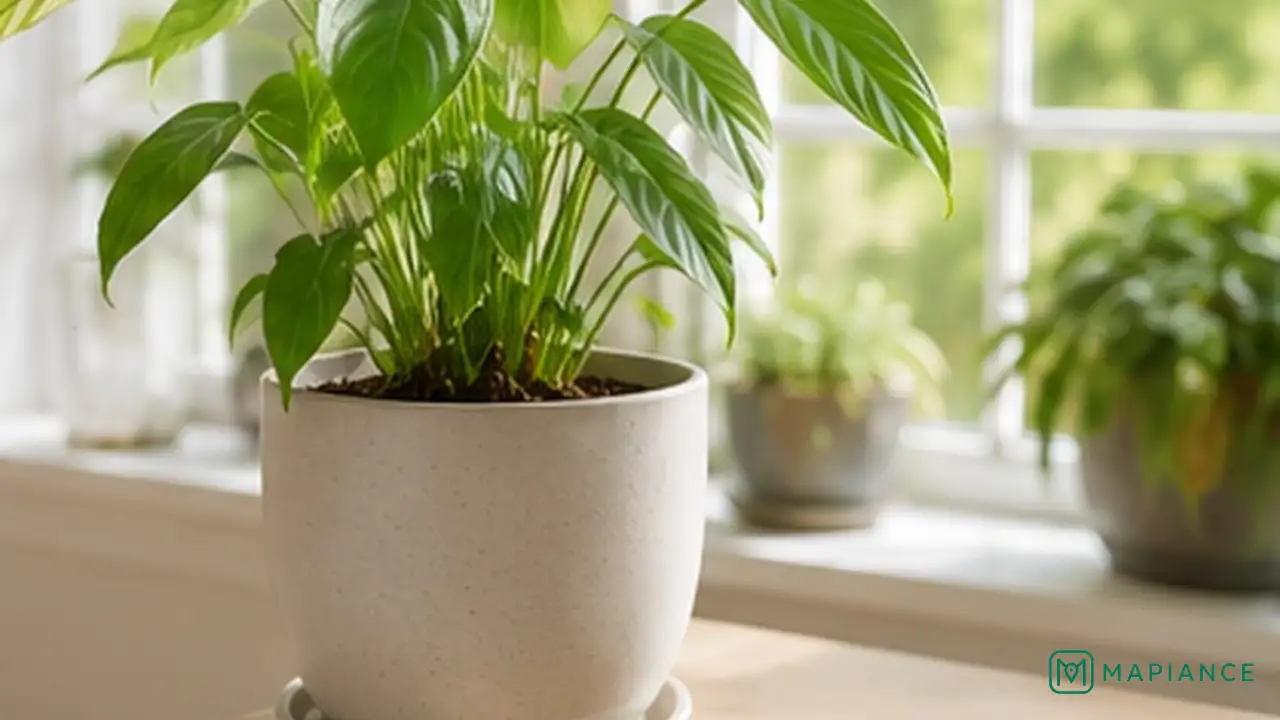 Overwatered houseplant drying in bright indirect light with normal airflow and no extra watering.