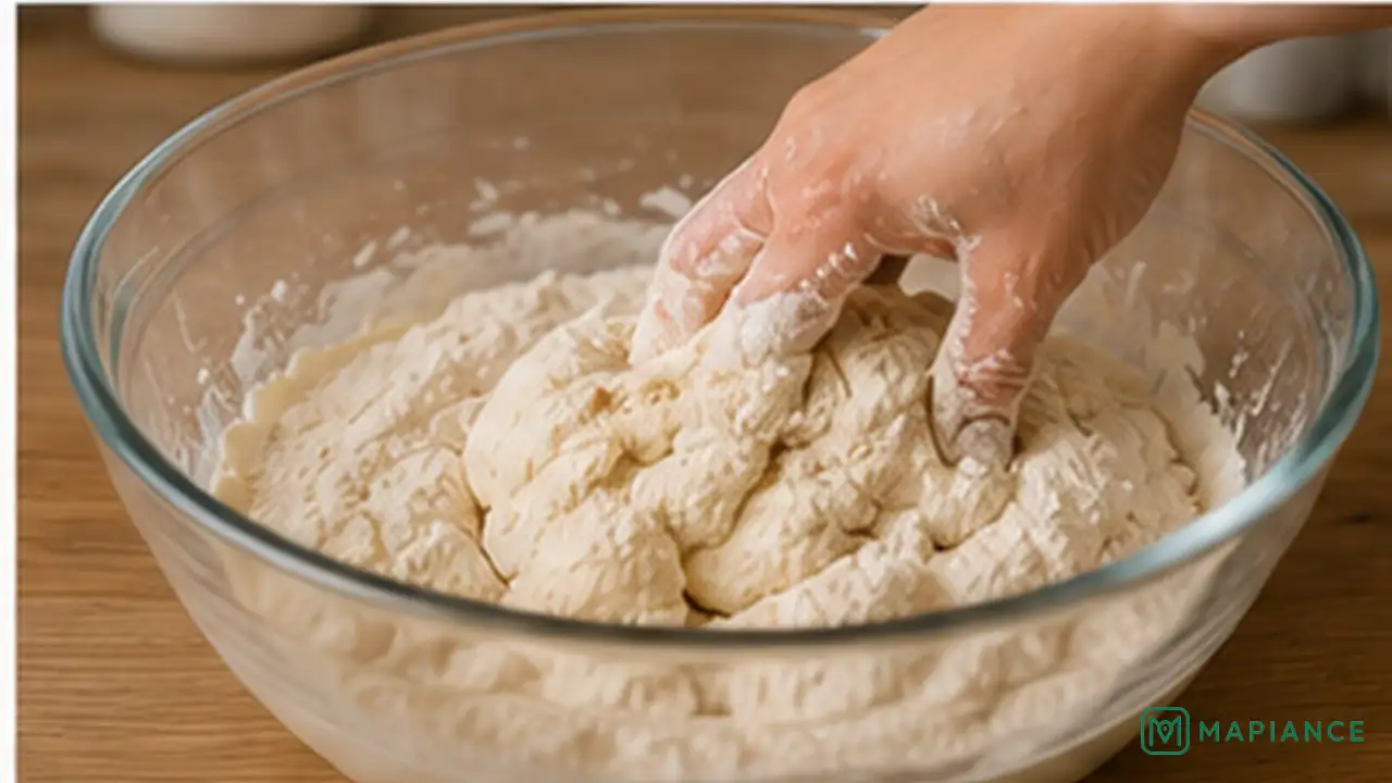 Person adding a small amount of water while kneading stiff bread dough to improve its texture.