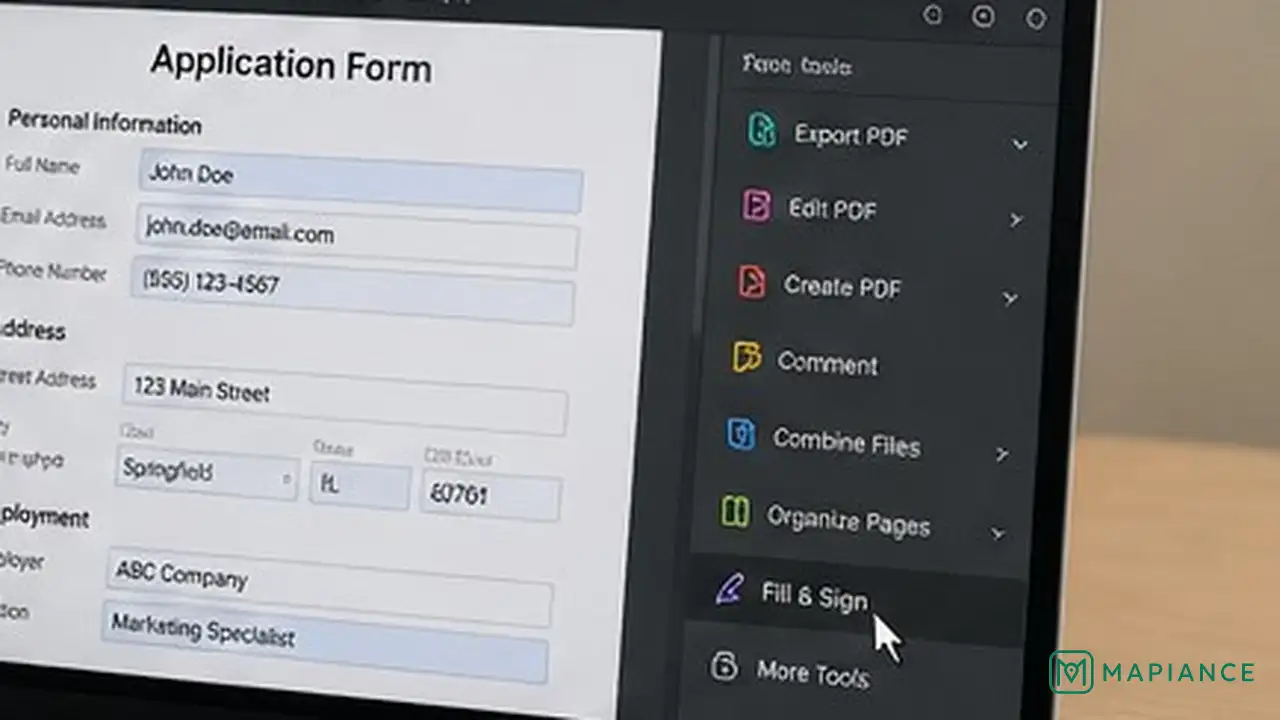 Person adding a text box to a non-fillable PDF form on a laptop.