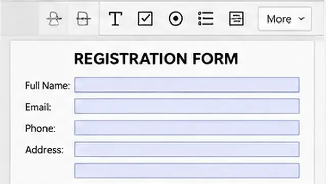 Person adding and aligning text fields, checkboxes, radio buttons, and a dropdown on a PDF form.
