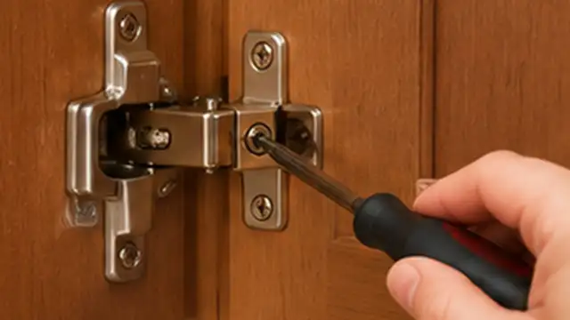 Person adjusting cabinet hinge depth so the door closes flush with the cabinet frame.