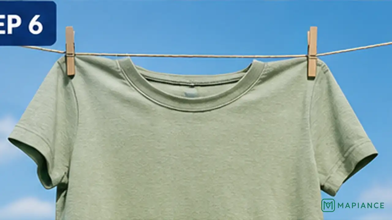 Person air-drying a washed garment and inspecting the old oil stain before using a dryer.