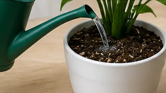Person applying a Bti treatment to houseplant soil to control fungus gnat larvae.