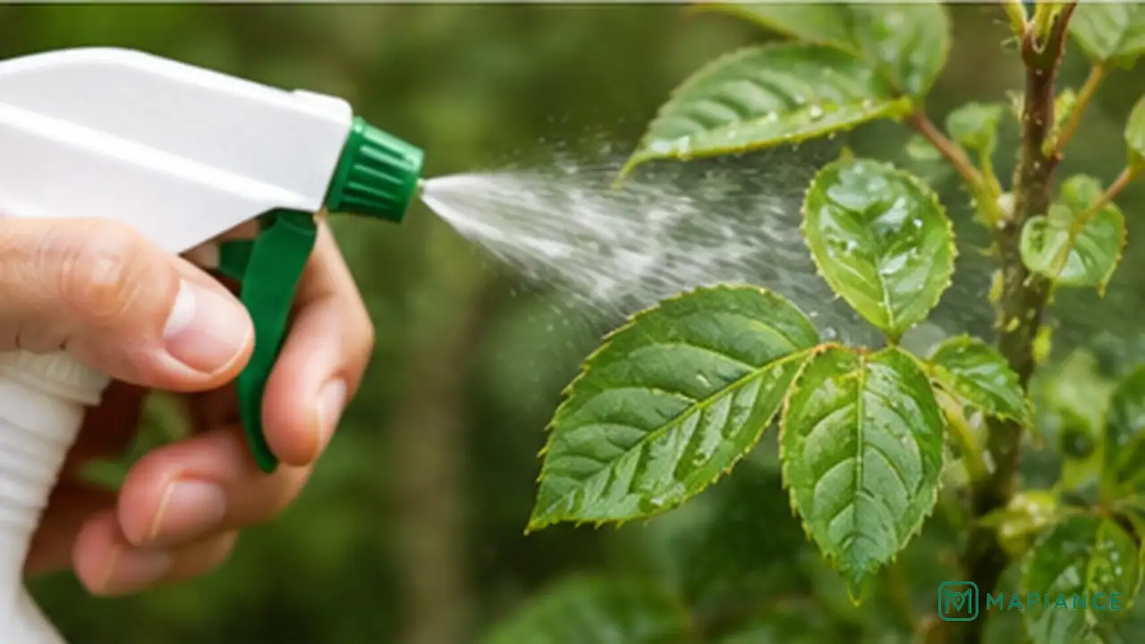 Person applying insecticidal soap directly to aphids on both sides of plant leaves.