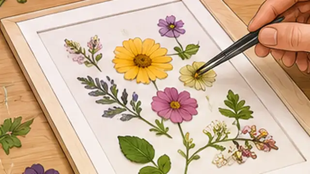 Person arranging pressed flowers and leaves on white cardstock with tweezers before gluing.