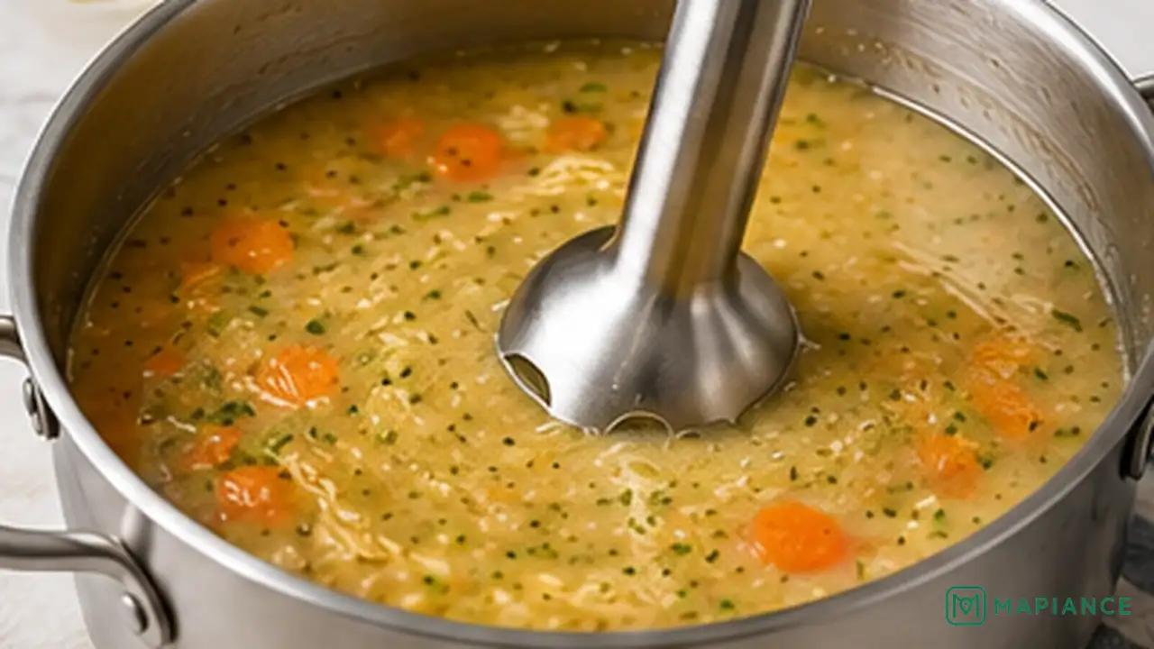 Person blending part of a chunky soup with an immersion blender to thicken it.