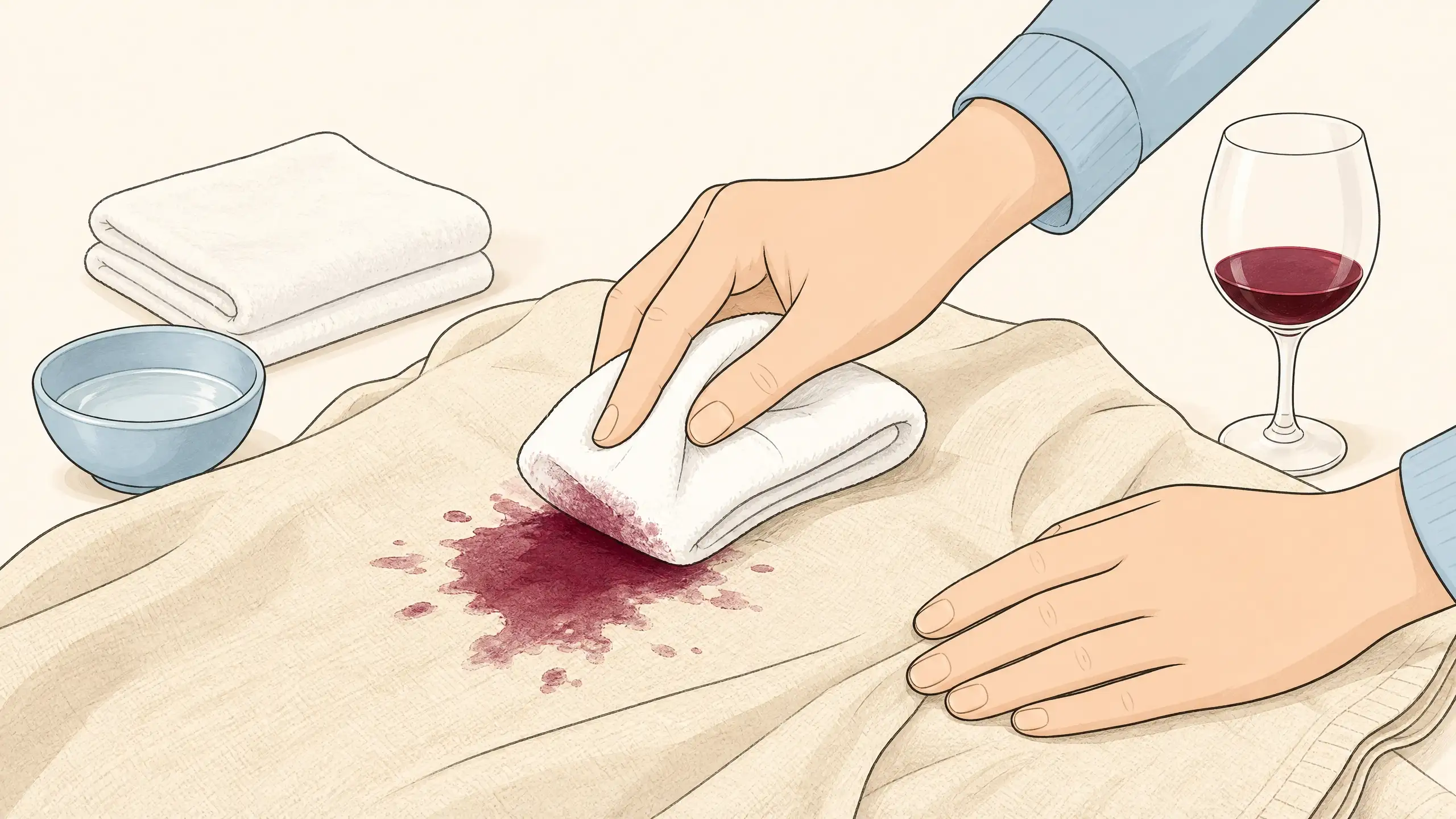 Person blotting a fresh red wine stain on fabric with a white cloth