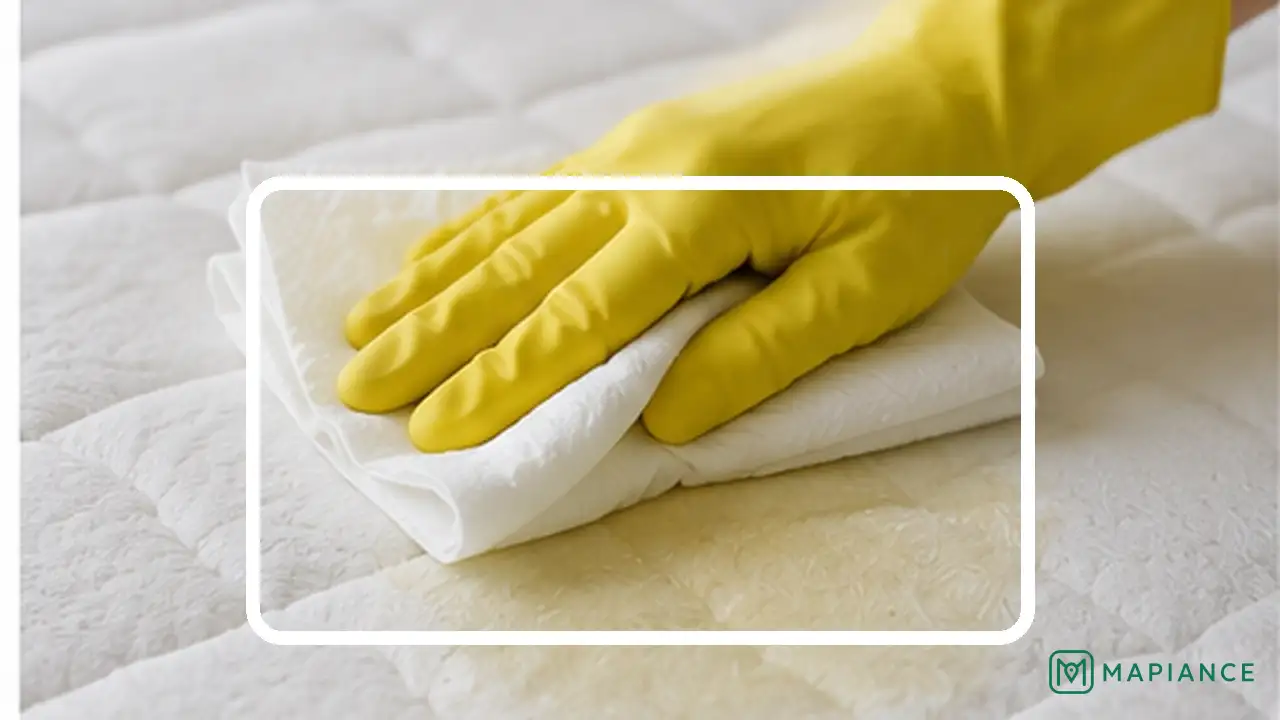 Person blotting a fresh urine spot on a mattress with clean white towels without rubbing the fabric.