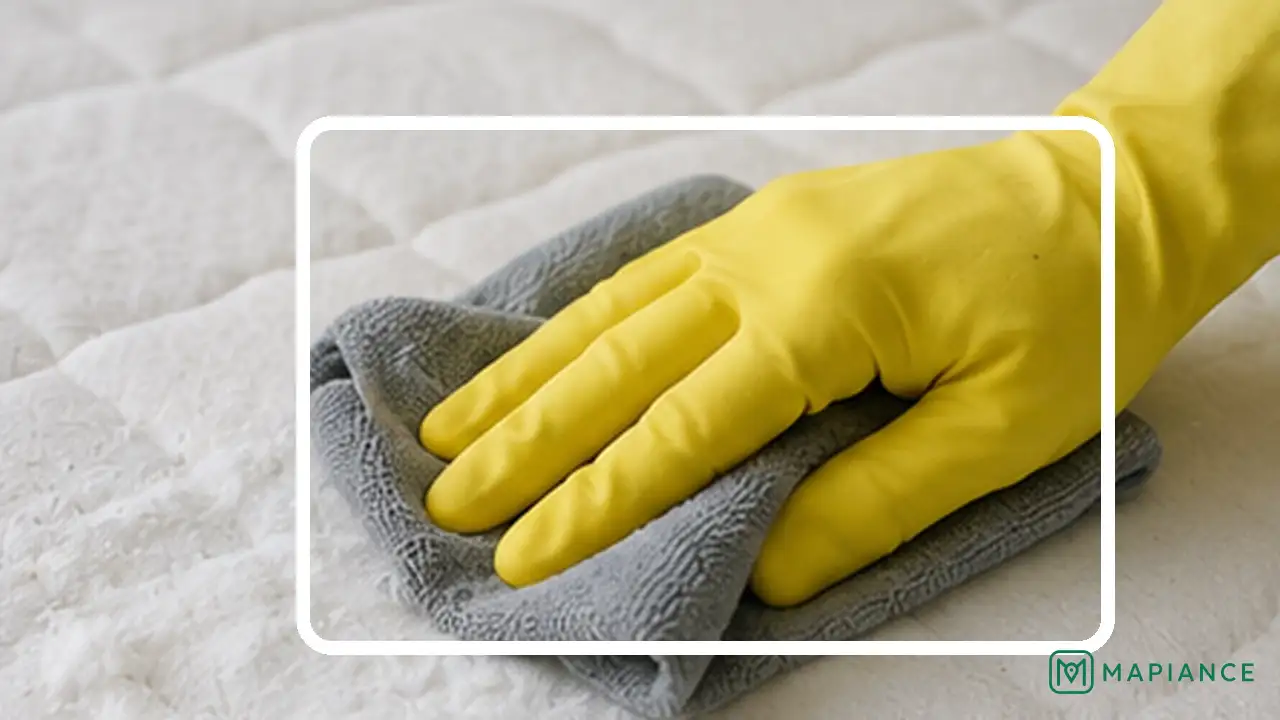 Person blotting excess enzyme cleaner from the treated urine stain with fresh absorbent towels.