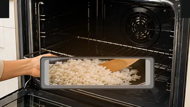 Person briefly drying very wet cooked rice on a baking sheet in a low oven.