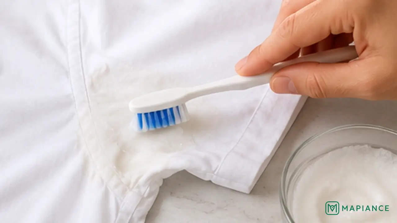 Person brushing enzyme laundry detergent into a yellow underarm stain on a white shirt.