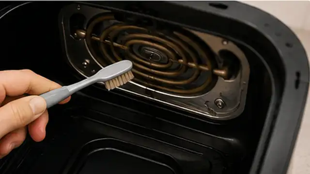 Person carefully cleaning around the heating element of a cooled unplugged air fryer with a soft cloth.