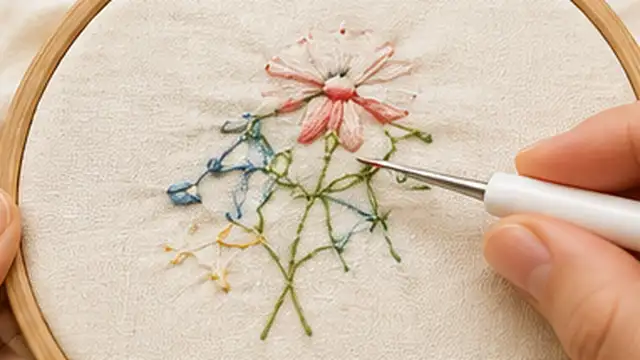 Person carefully loosening a few overly tight embroidery stitches that are pulling the fabric inward.