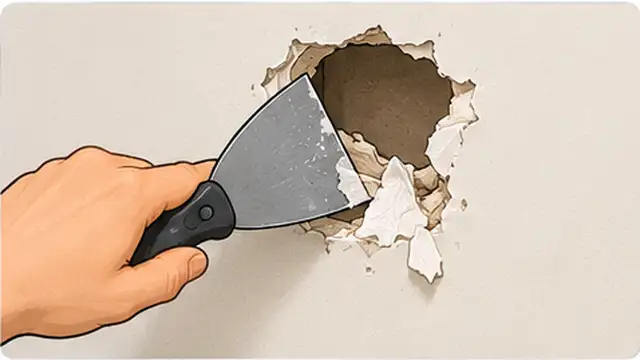 Person carefully trimming loose drywall paper and broken edges around a wall hole.