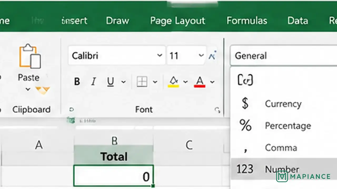 Person changing an Excel formula cell from Text to General and re-entering the formula to calculate it.