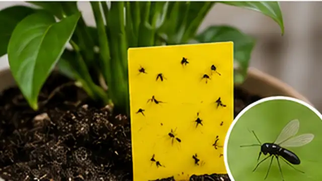 Person checking a houseplant for fungus gnats and larvae near the potting soil.