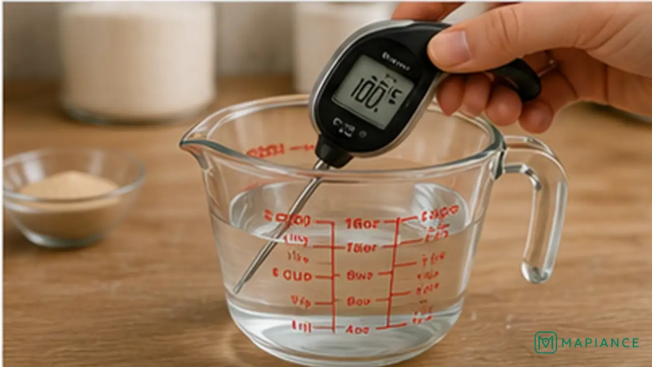 Person checking a small yeast mixture for bubbles beside bread dough that has not risen.