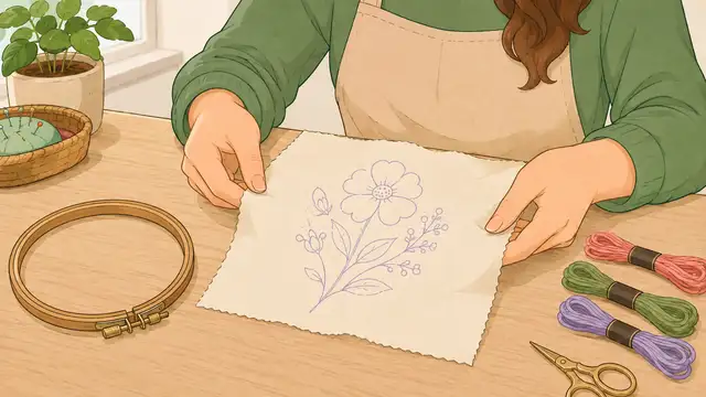 Person checking a transferred embroidery design on fabric before placing the fabric in an embroidery hoop.